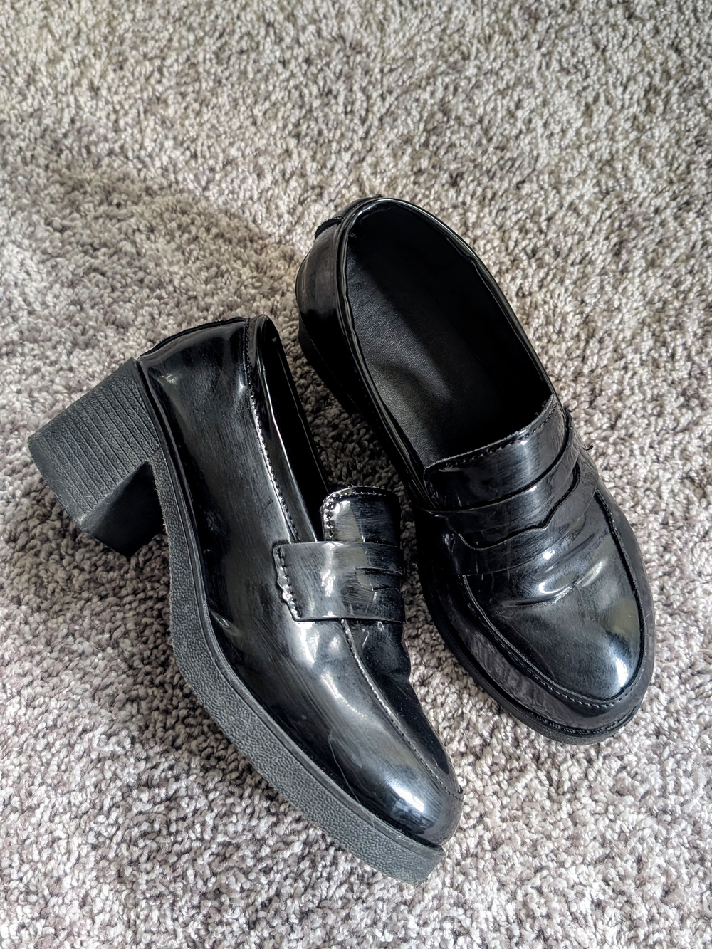 Black Patent Block Heel Loafers